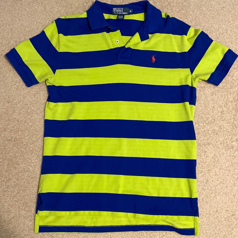 Mens Polo - Size Medium - blue/lime green stripes